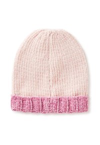 Berretto lavorato a maglia in un morbido rosa pallido con un risvolto magenta a coste testurizzate, caratterizzato da una parte superiore senza cuciture e un materiale caldo e soffice.