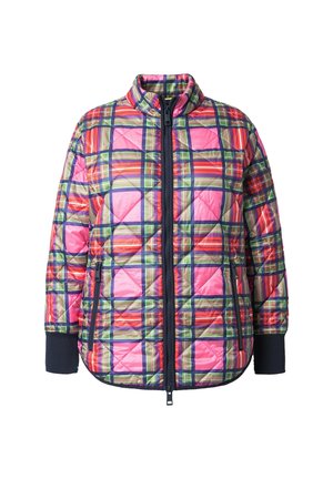 Gequilted jack met een roze, rode, groene en blauwe ruitpatroon, voorritssluiting, twee ritszakken en marineblauwe manchetten.