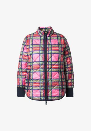 Giacca trapuntata con motivo scozzese nei colori rosa, rosso, verde e blu, con zip frontale, due tasche con zip e polsini blu navy.