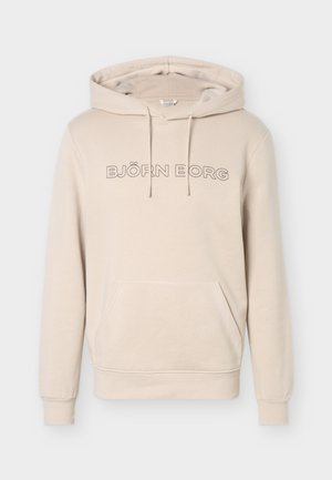 Beige hoodie met voorzak, capuchon met trekkoord en het logo "BJÖRN BORG" over de borst in omrande letters.