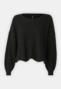 Pulover negru tricotat cu un decolteu rotund, croială lejeră și mâneci bufante. Prezintă o textură cu nervuri și o margine scurtă.