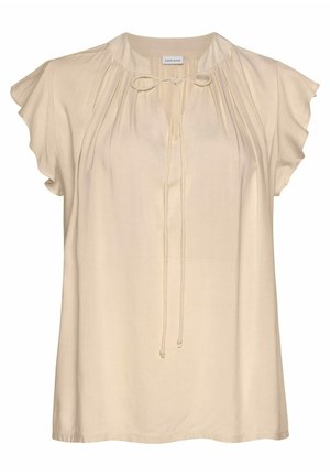 Beige Bluse mit kurzen Ärmeln, Rundhalsausschnitt, Bindedetail und leicht gerafften Ärmeln, aus einem glatten, leichten Stoff.