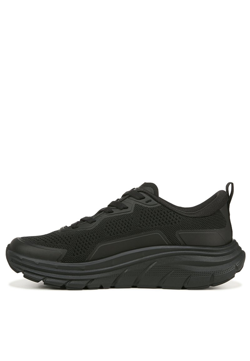 Black athletic shoe with mesh and synthetic upper, cushioned sole, rounded toe, and reinforced heel tab for support and flexibility.
