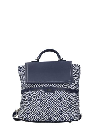Navy und weiße gemusterte Rucksack mit Diamantdesigns, Lederakzenten, einem oberen Griff und verstellbaren Schulterriemen.