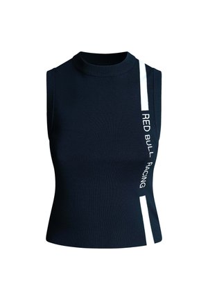 Marineblaues ärmelloses Stricktop mit hohem Kragen. Verfügt über einen weißen Akzentstreifen und den aufgedruckten Text "RED BULL RACING" an der Seite.