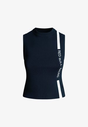 Marineblaues ärmelloses Stricktop mit hohem Kragen. Verfügt über einen weißen Akzentstreifen und den aufgedruckten Text "RED BULL RACING" an der Seite.