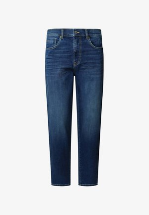 Mørkeblå denimjeans med rett snitt, fem lommer, beltehempe og knappestolpe. Glatt tekstur med subtile slitasjeeffekter.