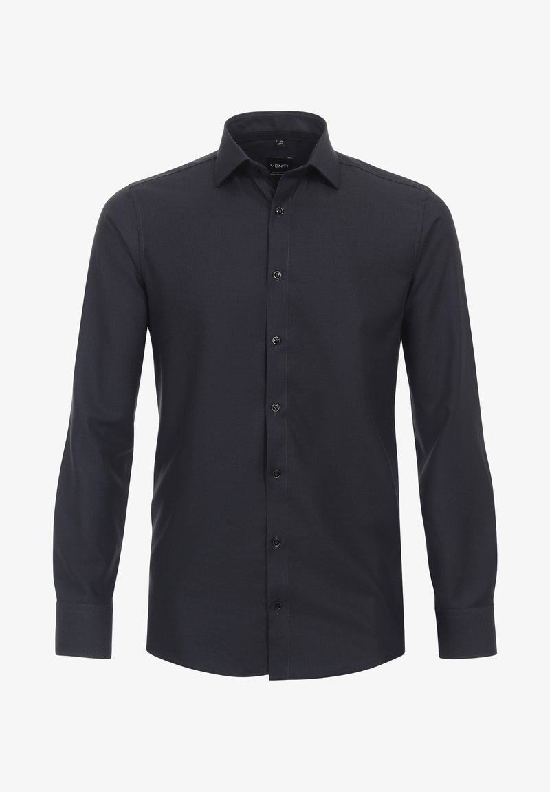 Dunkelblaues Langarmhemd mit spitzem Kragen, Knopfverschluss und feiner Textur. Verfügt über schwarze Knöpfe und eine taillierte Passform.