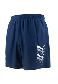 Pantalones cortos deportivos azul marino hechos de tejido ligero, con una cinturilla elástica y un patrón gráfico blanco de gatos saltando en un lado.