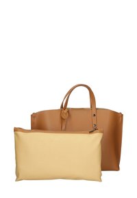 Leren handtas in bruin met dubbele handgrepen, voorzien van een geintergreerde gele ritssluiting. Gladde textuur, minimalistisch ontwerp, rechthoekige vorm.