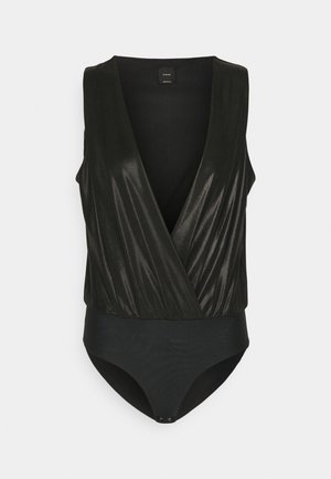 Juodas be rankovių bodis su giliu V formos iškirpimu, su blizgia, raukšlėta viršutine dalimi ir matinėmis, prigludusiomis apatinėmis dalimis.