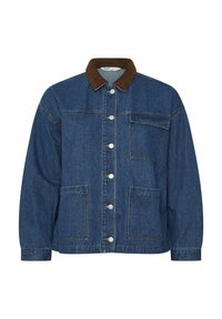 Farkkutakki, jossa on ruskea verryttelykaulus, hopeiset napit edessä, yksi rintatasku läpällä ja kaksi suurta alaosan etutaskua.