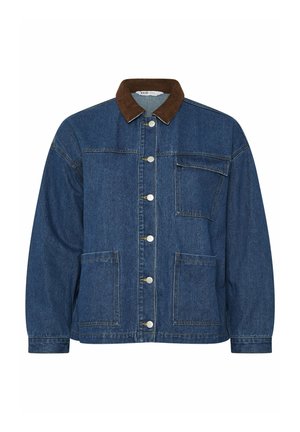 Jeansjacke mit braunem Cordkragen, silbernen Knöpfen vorne, einer Brusttasche mit Klappe und zwei großen unteren Taschen vorne.