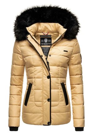 Beżowa ocieplana kurtka zimowa z czarnym kapturem wyłożonym futerkiem, czarnym zamkiem błyskawicznym i guzikami, czarnymi bocznymi kieszeniami oraz firmową metką wewnątrz kołnierza.