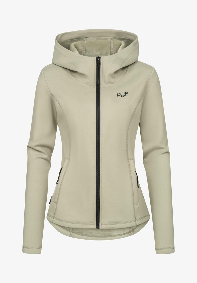 Veste à capuche zippée pour femme de couleur beige clair, manches longues, poches latérales et petite broderie noire sur la poitrine.