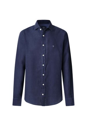 Chemise à manches longues bleu marine en tissu lisse, avec un col à boutons, des boutons sur le devant et un petit logo brodé sur la poitrine.