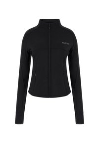 Black zip-up jacket with long sleeves, made of smooth fabric, featuring a fitted design and subtle logo on the upper left chest.