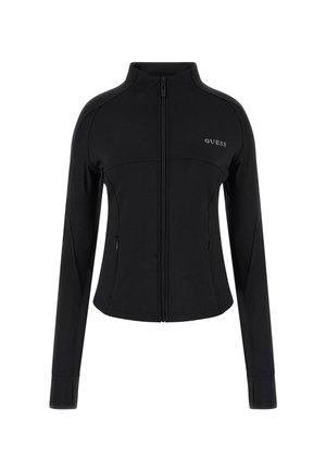 Black zip-up jacket with long sleeves, made of smooth fabric, featuring a fitted design and subtle logo on the upper left chest.