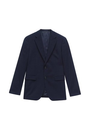 Marineblauwe herenblazer met notch-revers, twee knopen, klepzakken en een gladde satijnen voering, plat neergelegd op een witte achtergrond.