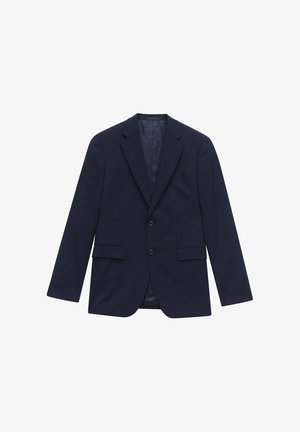 Marineblauwe herenblazer met notch-revers, twee knopen, klepzakken en een gladde satijnen voering, plat neergelegd op een witte achtergrond.