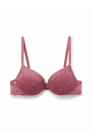 Soutien-gorge en dentelle rose poussiéreuse, avec armatures et bonnets rembourrés, bretelles réglables, et motif floral sur le tissu.