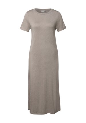 Lichtgrijze jurk tot de knie, gemaakt van een zachte, glanzende stof. Heeft korte mouwen, een ronde halslijn en een rechte silhoet.