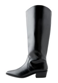 Botte noire en cuir haute avec un design él égant, bout carré, talon bas et texture lisse. Présente un extérieur simple et sans ornement.