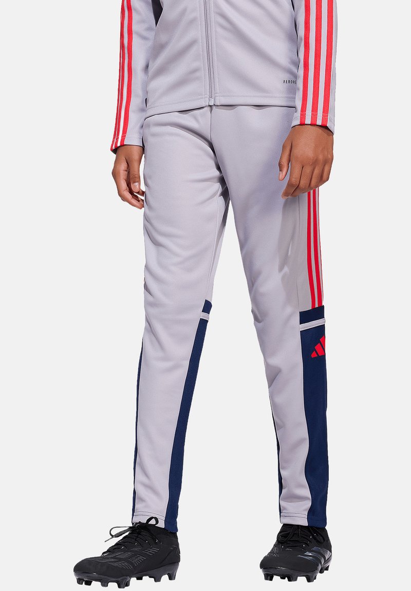 Graue Sporthose mit navyfarbenen Akzenten, die rote Streifen an den Seiten und eine schmale Passform aus leichtem, flexiblem Material aufweist.