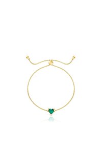 Bracciale d'oro con una delicata catena e un pendente a forma di cuore in pietra verde, dotato di chiusura scorrevole regolabile.