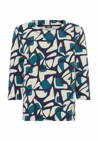 Top a righe navy e crema con forme astratte in teal. Il design presenta un collo rotondo e maniche a tre quarti.
