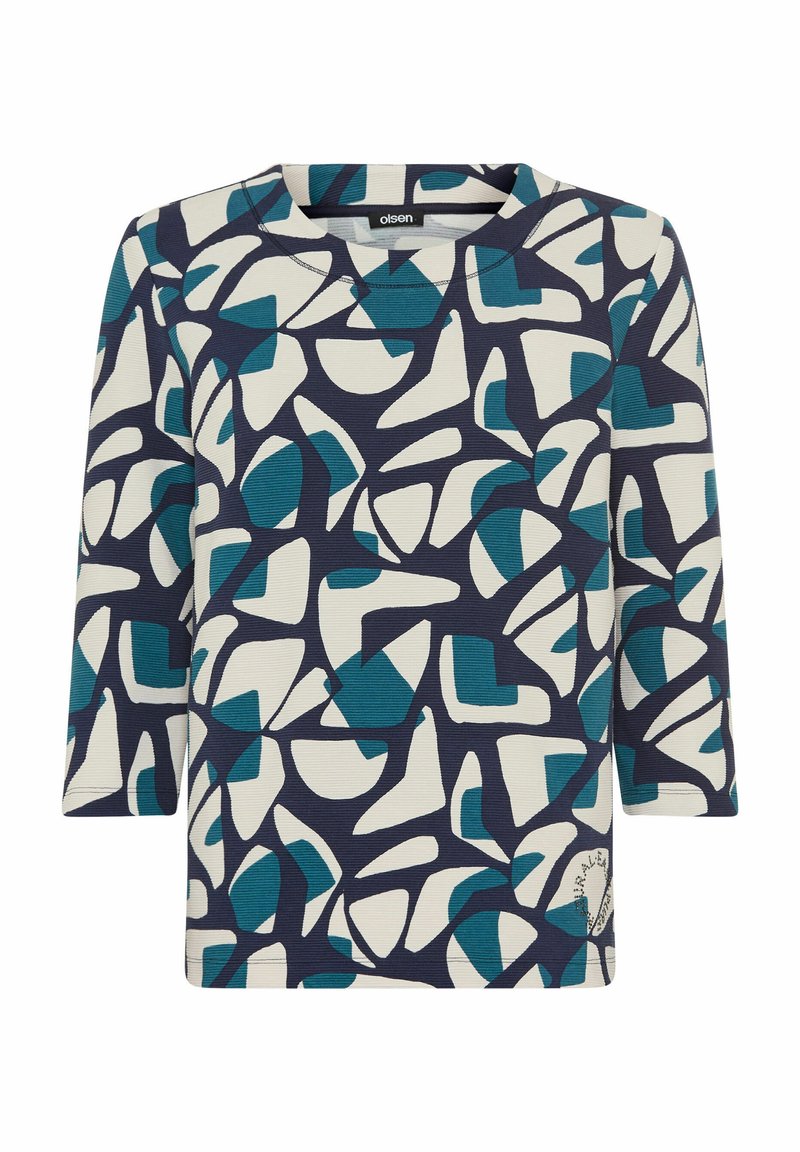 Top a righe navy e crema con forme astratte in teal. Il design presenta un collo rotondo e maniche a tre quarti.