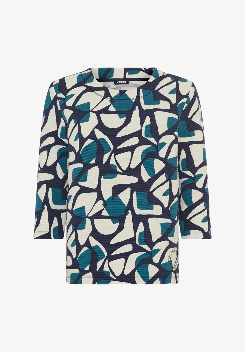 Navy- und cremefarbener Oberteil mit abstrakten Formen in Türkis. Das Design hat einen runden Halsausschnitt und Dreiviertelärmel.