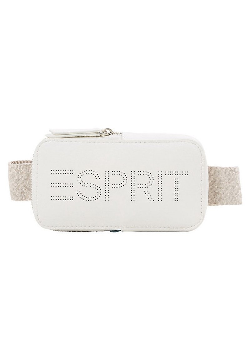 Riñonera rectangular blanca con un acabado texturizado, que presenta el logotipo perforado "ESPRIT". Correa de tela ajustable en un tono neutral.