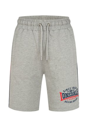 Grå bomuldsshorts med elastisk talje og snoretræk, med side lommer og blå og rød logo tryk. Casual og komfortabelt design.