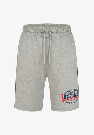 Pantaloni scurți gri din bumbac cu talie elastică și șnur, dotati cu buzunare laterale și un imprimeu cu logo în culorile albastru și roșu. Design casual și confortabil.