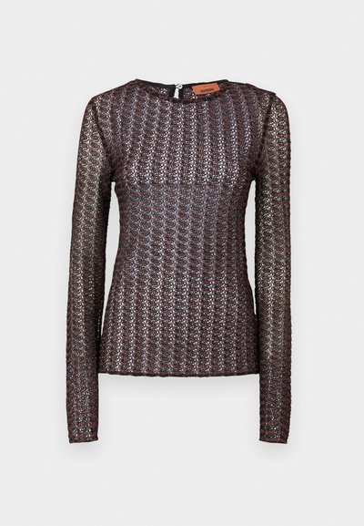 Μακρυμάνικο μπλούζα σε μεταλλικό δίχτυ με στρογγυλή λαιμόκοψη και κλείσιμο με φερμουάρ στην πλάτη. Το χρώμα είναι σκούρο με υφασμάτινο σχέδιο.