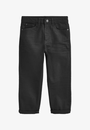 Jean en denim noir avec revers retroussés, bouton et fermeture éclair à l'avant, poches avant et poche monnaie, présenté sur un fond blanc.