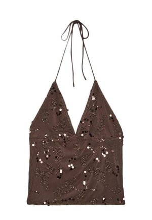 Stradivarius, EMBROIDERED SEQUIN HALTER TOP - Débardeur - dark brown