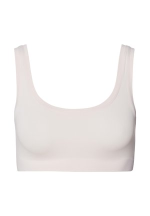 Světle růžová podprsenka s výstřihem ve tvaru lodi, širokými ramínky a bezšvovým designem. Vyrobena z elastické látky, která zajišťuje hladkou texturu a pohodlné nošení.