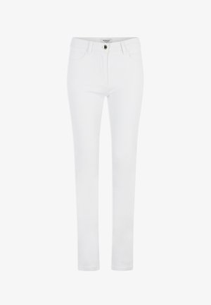 Witte denim jeans met een slim fit, vijf-pocket ontwerp en een knoopsluiting. Glad textuur met strakke lijnen en geen zichtbare patronen.