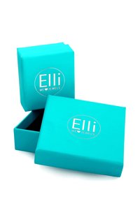 Turkis smykkeskrin med en blank overflade, der har et rundt logo med teksten "Elli WE ♥ JEWELS," hvor én boks er åben og afslører et indre rum.
