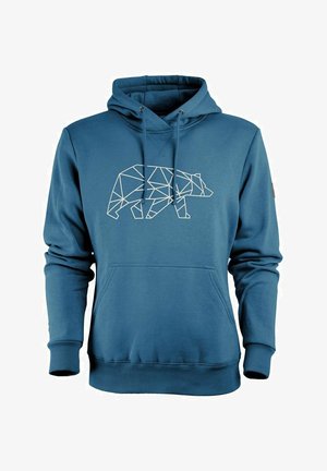 Felpa blu con un design geometrico di un orso in bianco. Presenta una tasca a marsupio, cappuccio con cordini e polsini e orlo a costine. Tessuto in misto cotone.