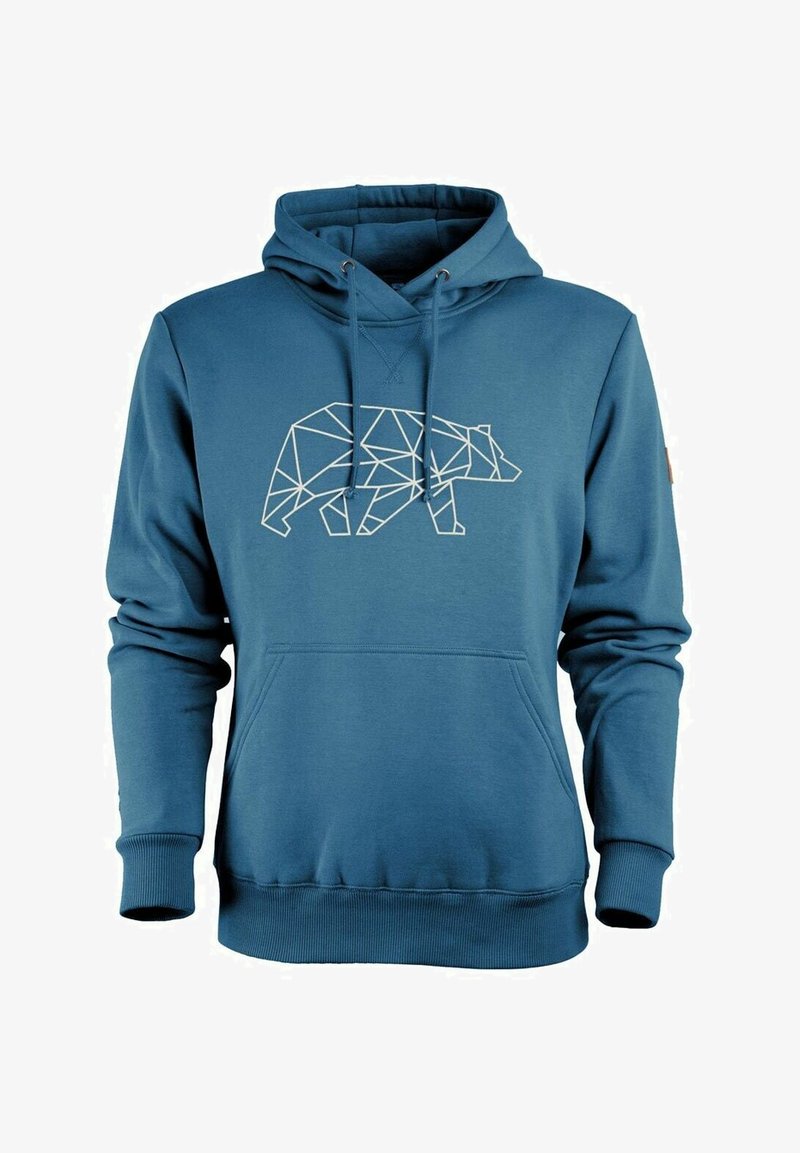 Blauer Kapuzenpullover mit einem geometrischen Bärendesign in Weiß. Verfügt über eine Kängurutasche, eine Schnürkapuze und gerippte Bündchen und Saum. Aus Baumwollmischgewebe.