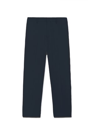 Granatowe spodnie wykonane z gładkiej tkaniny o prostym kroju nogawek. Posiadają szlufki na pasek oraz przednie kieszenie, czysty pas bez zdobień.