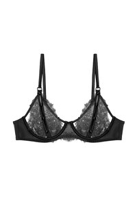 Černá krajková podprsenka s měkkými košíčky, zdobená vroubkovanými okraji, nastavovacími ramínky a knoflíkovými detaily uprostřed a po stranách.