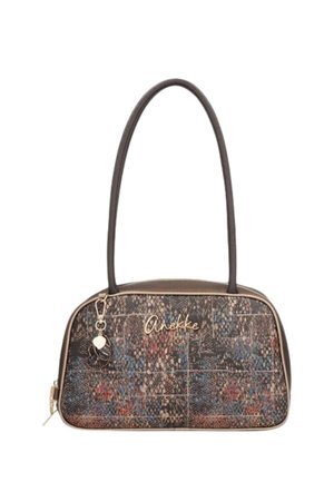 Piccola borsa rettangolare con manici lunghi e scuri, motivo testurizzato multicolore, logo Anekke tono oro e ciondolo decorativo sulla zip.