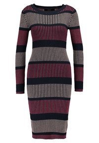 Vestido de manga larga con canalé que presenta una silueta ajustada con rayas horizontales en azul marino oscuro, burdeos y beige claro. Escote redondeado.