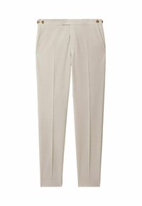 Bézs színű nadrág texturált anyagból, két első zsebbel és két nagy gombbal a derékrészen. Egyenes szabás, húzott ráncokkal.