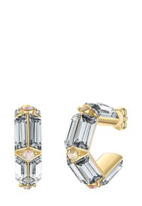 Auksinės auskarai su stačiakampiais pilkais kristalais, turinčiais fasadų dizainą. Papuošti mažyte apvalia opalo spalvos brangakmeniu.