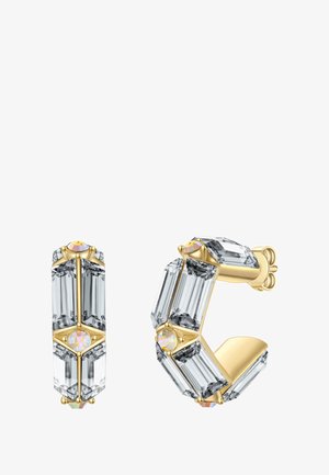 Goldfarbene Ohrringe mit rechteckigen grauen Kristallen in facettierter Ausführung. Akzentuiert mit einem kleinen runden, opalartigen Edelstein.